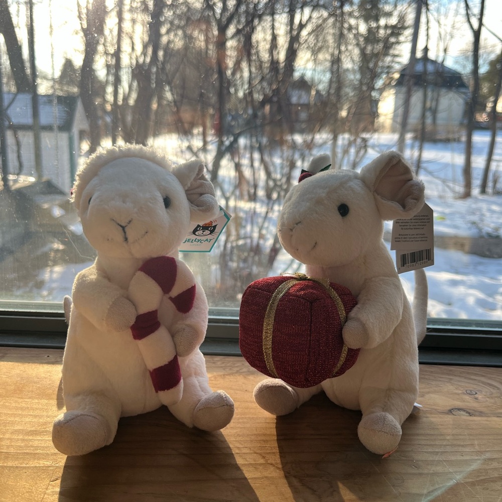 Jellycat Festive Mice with Candy Cane and Gift - Cream and Red